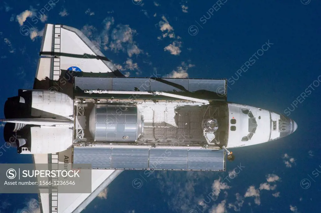 ISS028-E-015565 10 July 2011 --- A nadir view of the space shuttle Atlantis and its payload was provided by one of a series of images showing various ...