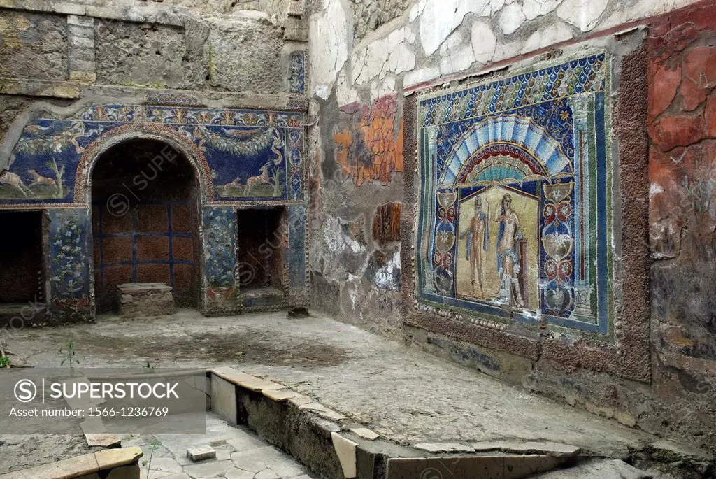 summer triclinium, dining-room, decorated with mosaic employing colored glass or opus musivum, House of Neptune and Amphitrite, archeological site of ...