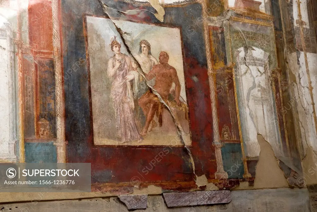 painting depicting Hercule, Minerva and Juno inside the Aedes Augustalium, archeological site of Herculaneum, Pompeii, province of Naples, Campania re...