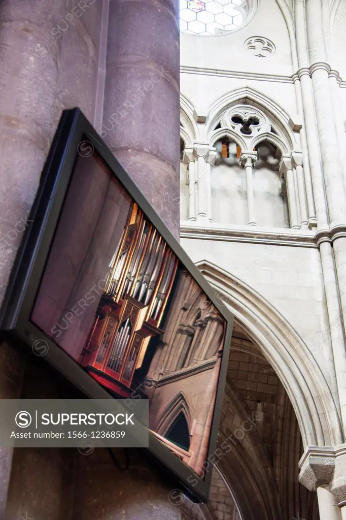 TV screen. Cathedral of Santa María la Real de La Almudena, interior, Madrid, Spain.