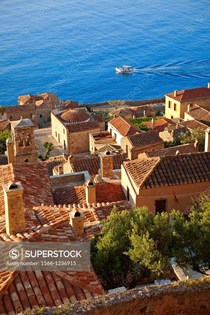 Arial view of Monemvasia             Byzantine Island catsle town with acropolis on the plateau  Peloponnese, Greece