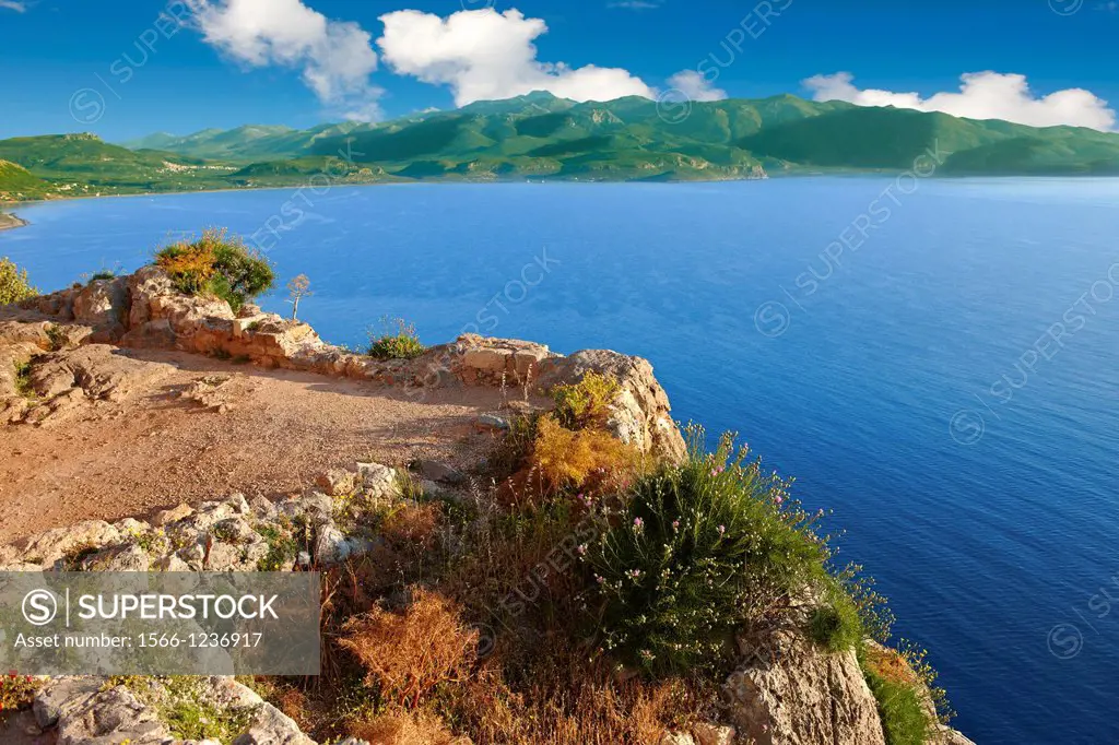 Monemvasia             Byzantine Island catsle town plateau  Peloponnese, Greece