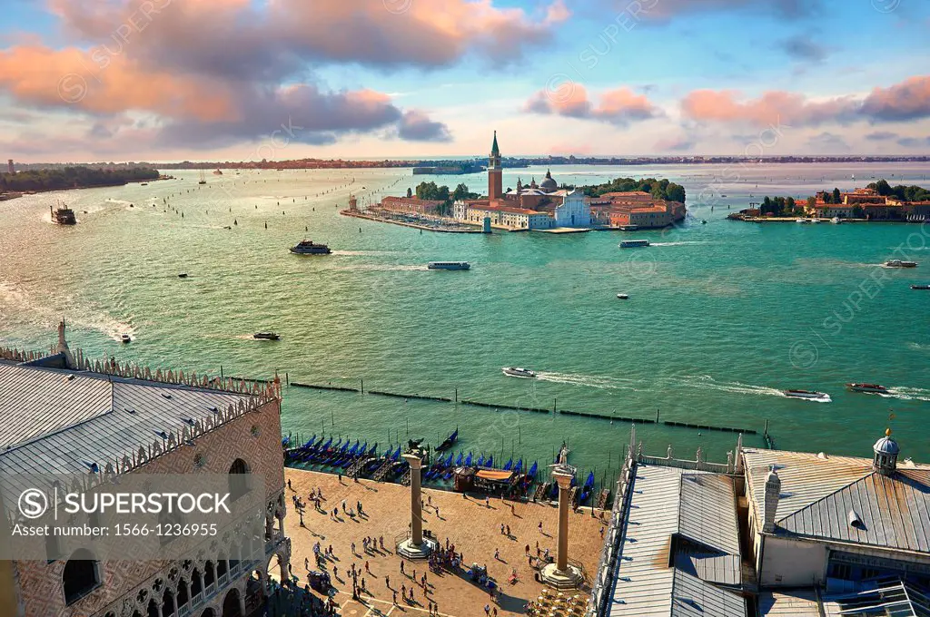 Arial view form St Mark´s Campinale of St Mark´s Square and the Doges with the island of San Giorgio Maggiore behind , with its church front designed ...