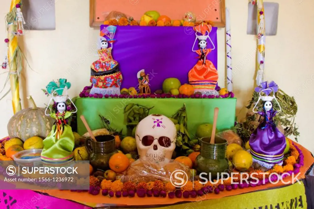 Oaxaca, Mexico, North America  Day of the Dead Celebrations  Altar Decorations in Memory of the Dead  Doll Skeletons, Skull, Flowers, Marigolds