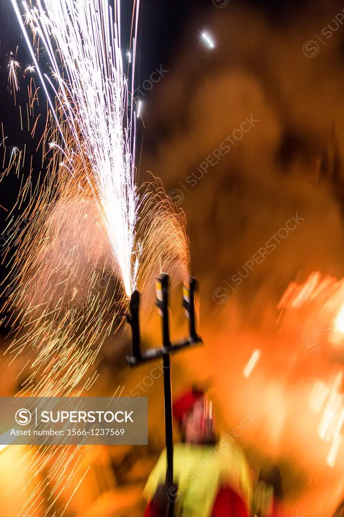 ´Correfoc´, typical catalan celebration in which devils armed with fireworks dance through the streets. San Antonio festival, Villafranca del Cid, Cas...