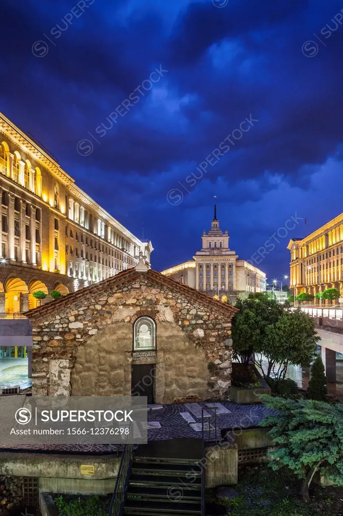 Bulgaria, Sofia, Ploshtad Nezavisimost Square, government building formerly headquarters of the Bulgarian Communist Party and the Church of Saint Petk...