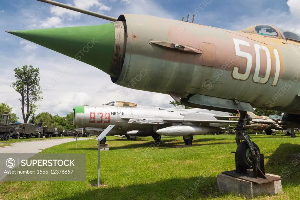 Bulgaria, Sofia, Outdoor Park by the National Museum of Military History, Soviet-era, Mig 19 and Mig 21 jet fighters.