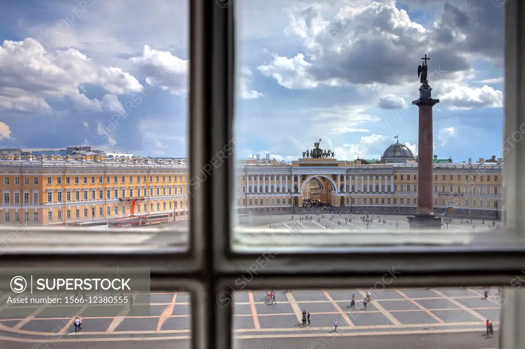 Palace Square seen from a window of Hermitage Museum, Saint Petersburg, Russia.