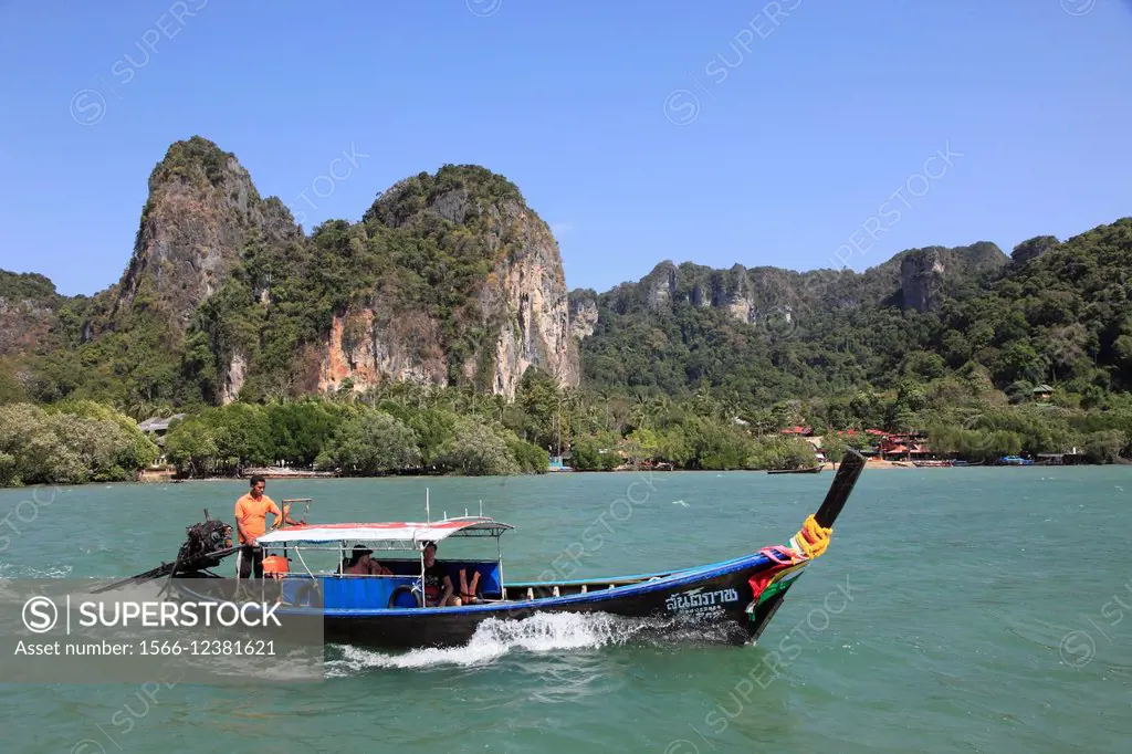 Thailand, Krabi, Railay, longtail boat, landscape.