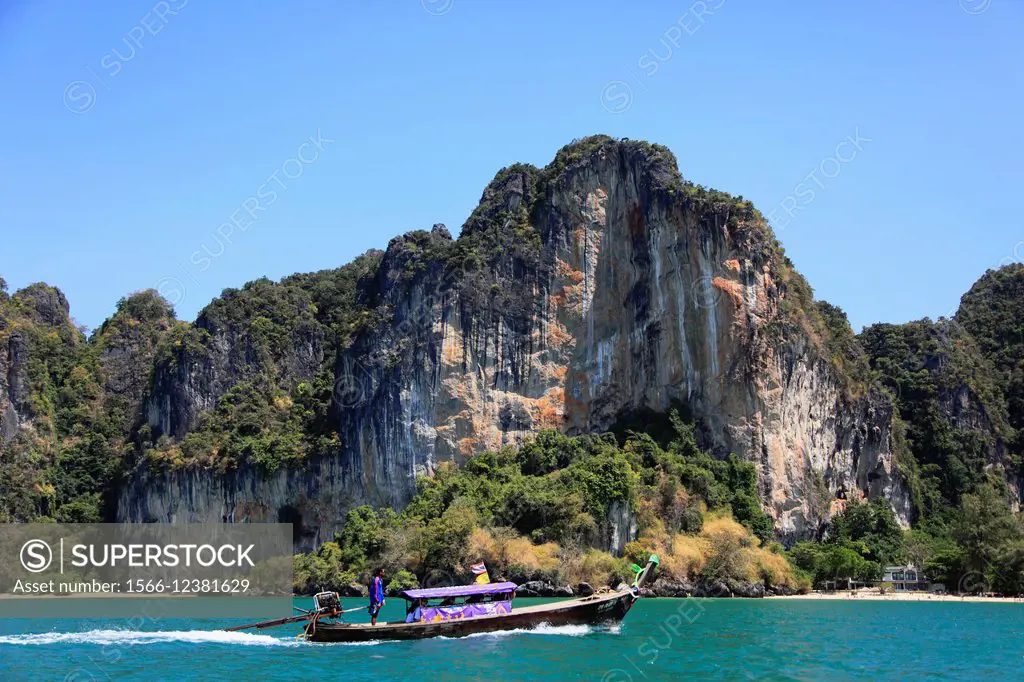 Thailand, Krabi, Railay, landscape, karst rock formations, long tail boat.