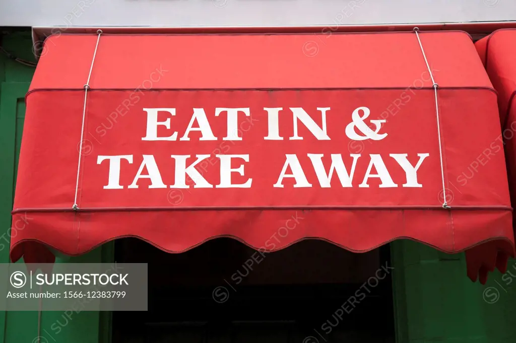 Eat In Or Take Away Sign on Red Background.