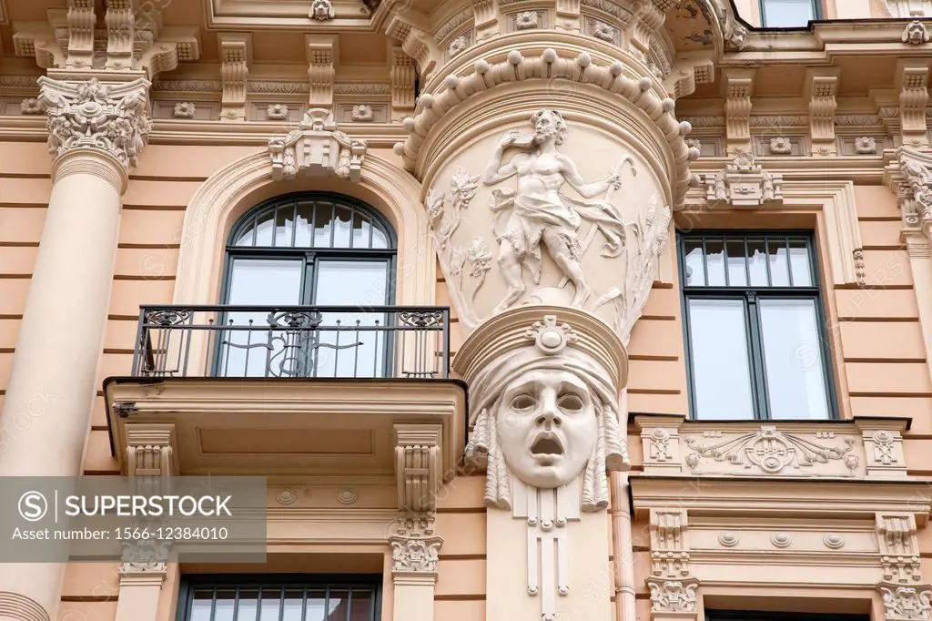 Art Nouveau Building Facade in Alberta Lela Street; Riga; Latvia.
