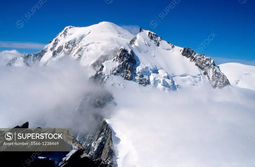 View of Mont Blanc and Mont Maudit from Mont Blanc du Tacul, Mont Blanc mountain massif, Savoy Alps, France