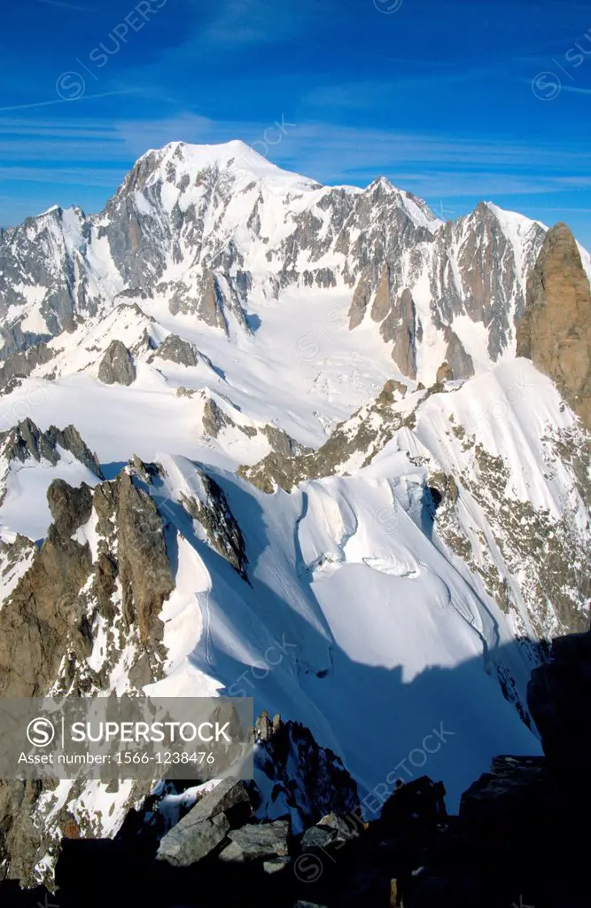 View of Mont Blanc from Aiguille de Rochefort, Mont Blanc mountain massif, Savoy Alps, France