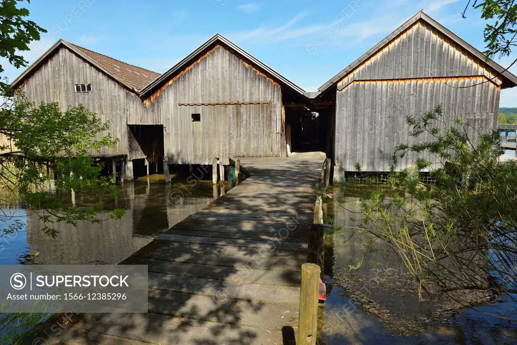 Wooden Boatshouses on Lake, Diessen am Ammersee, Lake Ammersee, Fuenfseenland, Upper Bavaria, Bavaria, Germany.