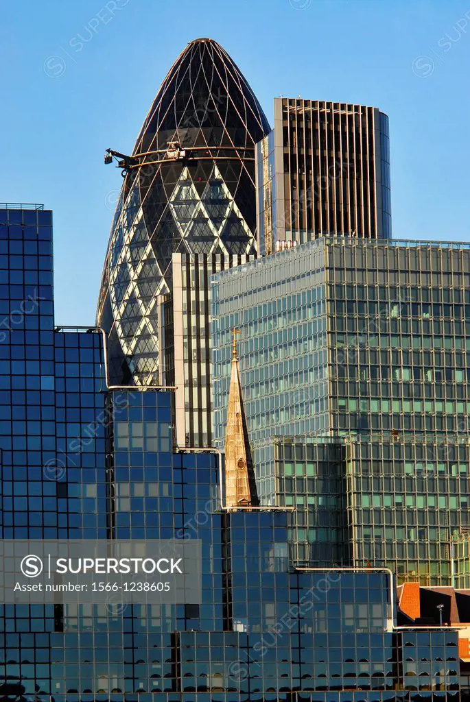 View of modern buildings in the City of London, England, financial district seen from across the River Thames
