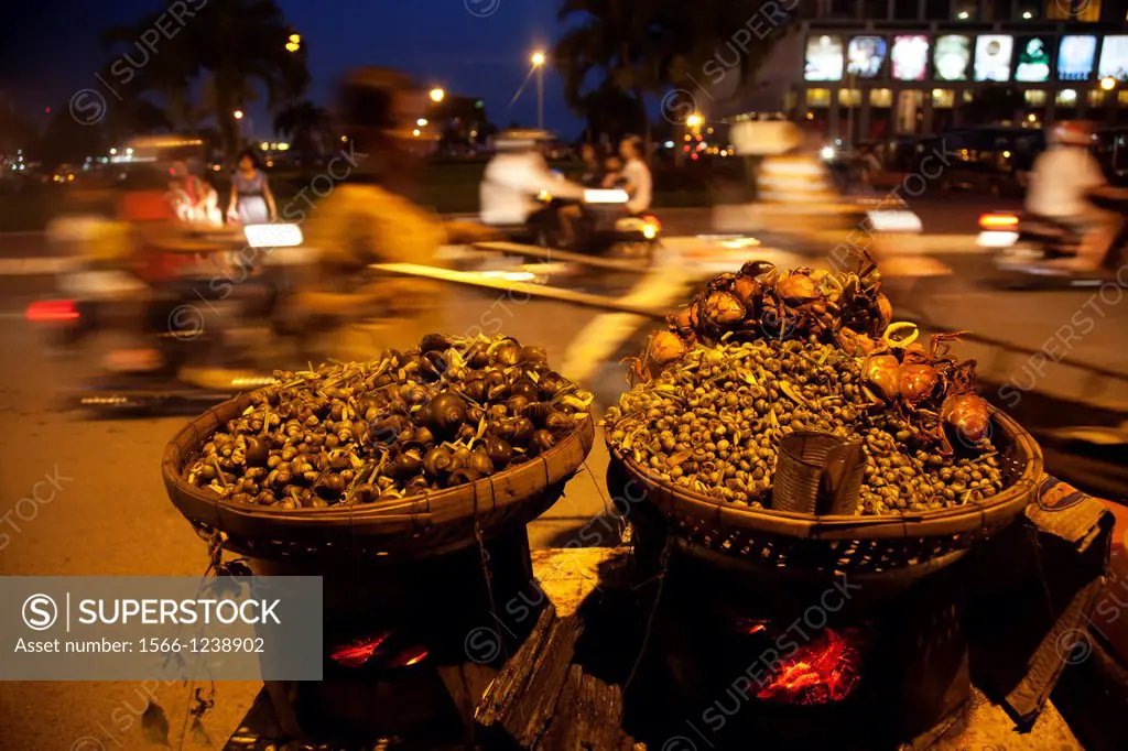 Street seafood in a night market in Phnom Penh Cambodia