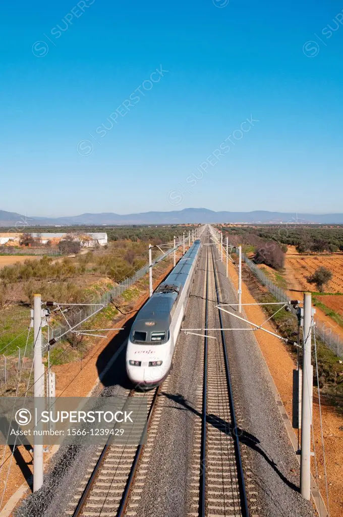 High-speed train travelling along La Mancha. Ciudad Real province, Castilla La Mancha, Spain.