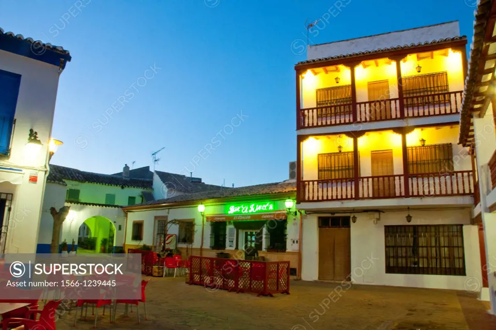 Small square, night view. Puerto Lapice, Ciudad Real province, Castilla La Mancha, Spain.