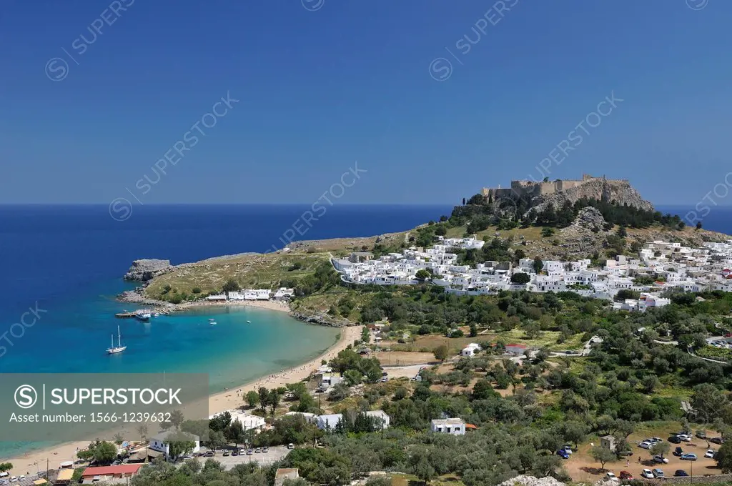 Lindos  Rhodes  Dodecanese Islands  Greece  View of the Acropolis & Lindos beach