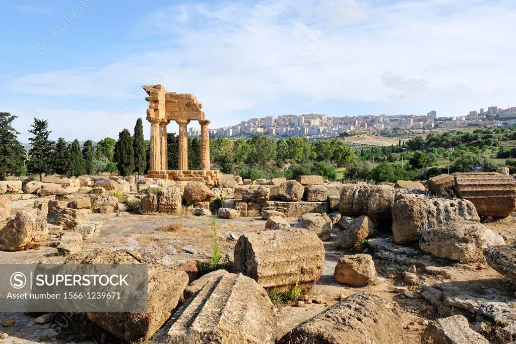 Agrigento  Sicily  Italy  Temple of the Dioscuri aka Temple of Castor & Pollux, Valley of the Temples archaeological site & the modern town of Agrigen...