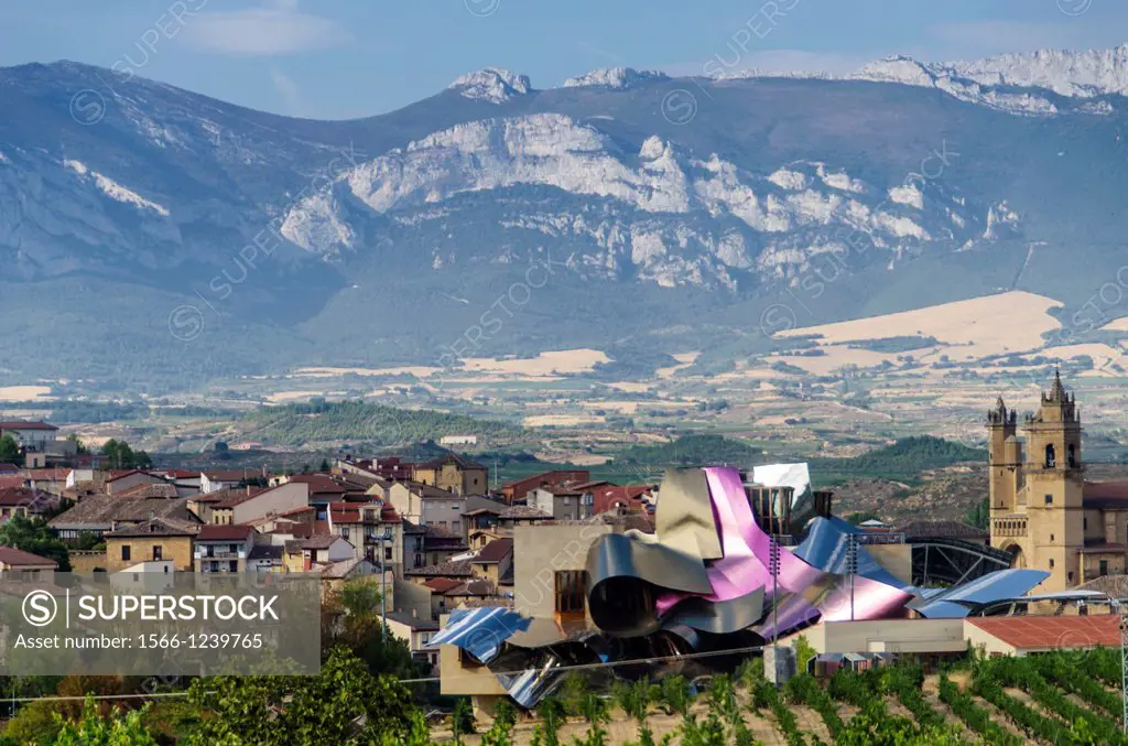 El Ciego panoramic views with Marques de Riscal winery, La Rioja, Spain