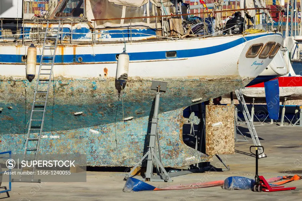 Steel hulled yacht in drydock in Las Palmas Marina, Gran Canaria, Canary Islands, Spain