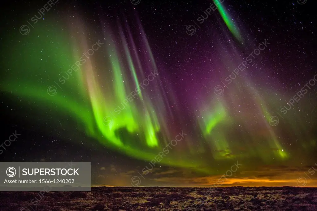 Aurora Borealis or Northern Lights, Iceland Northern lights over the lava landscape, Reykjanes Peninsula, Iceland
