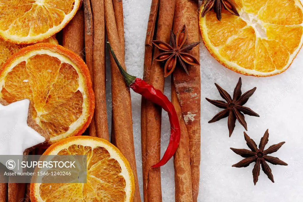 fruits of star anise - Illicium verum - chili pod - Capsicum annuum - cinnamon sticks - Cinnamomum cassia - dried orange slices - cinnamon star cookie...