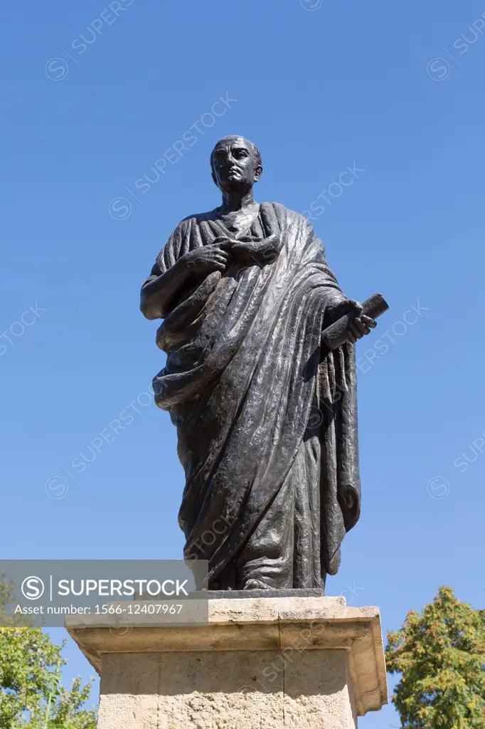 Cordoba, Cordoba Province, Andalusia, Spain. Monument to Lucius Annaeus Seneca, or Seneca the Younger, c. 4 BC - AD 65. Roman Stoic philosopher, state...