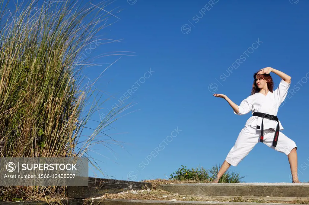 Female martial arts expert practicing.