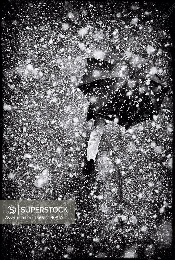 Single man walking under umbrella in heavy snowstorm, Geneva, Switzerland.