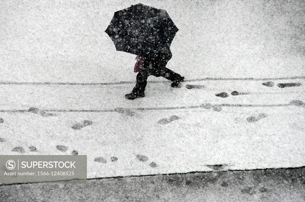 Single person walking under umbrella in heavy snowstorm, Geneva, Switzerland.