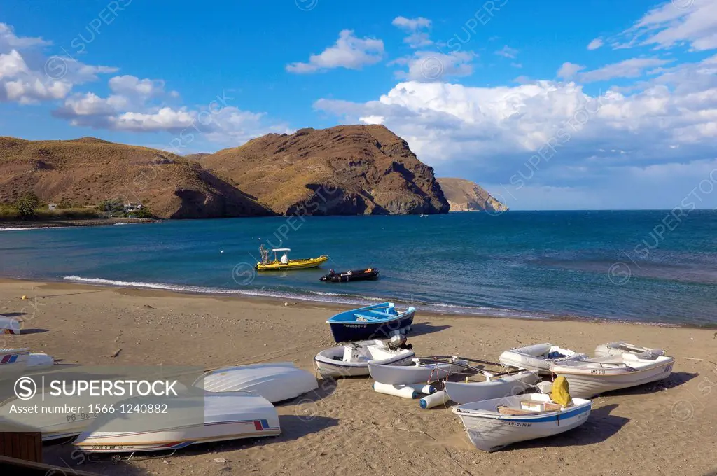 Las Negras, Fishing boats, Cabo de Gata, Biosphere Reserve, Cabo de Gata-Nijar Natural Park, Almeria, Andalusia, Spain.