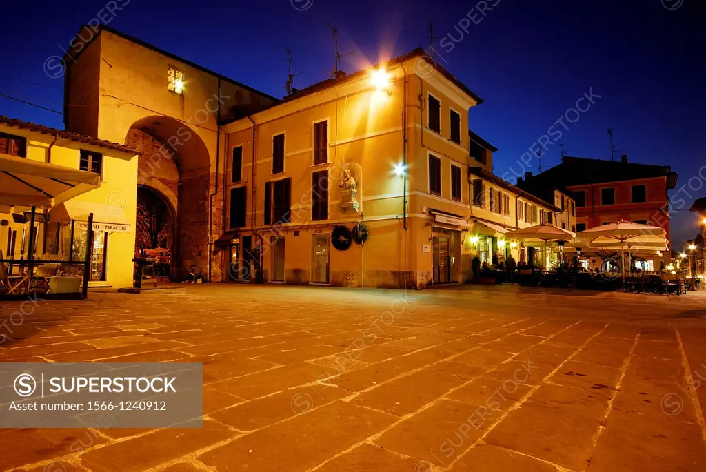 Exit and main square of the historic town of Pietrasanta, Lucca province, Tuscany, Italy