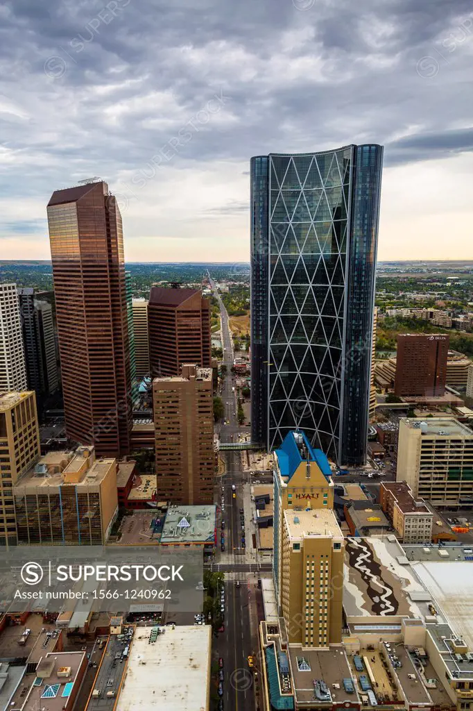 Aerial view of Downtown Calgary with the Bow Tower in Alberta, Canada