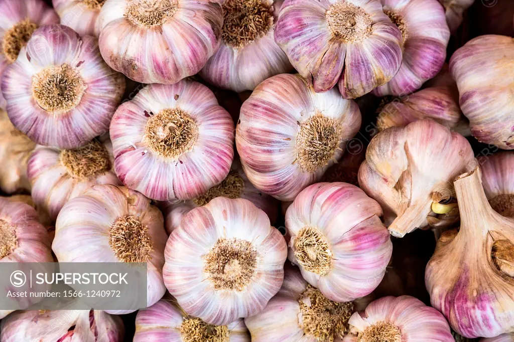 Close up of garlic bulbs at a market stall