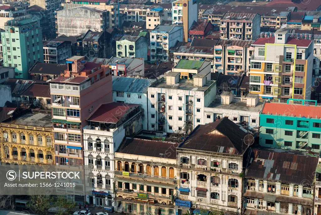 Skyline of central Yangon city with old and new buildings Rangoon Myanmar Burma