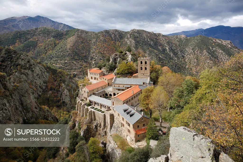 France,Roussillon,Pyrenees-Orientales, overview on Saint-Martin-du-Canigou abbey.