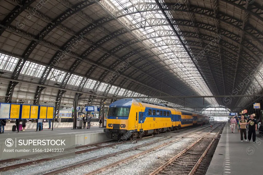 Train at Central Station, Amsterdam, Holland, Netherlands.