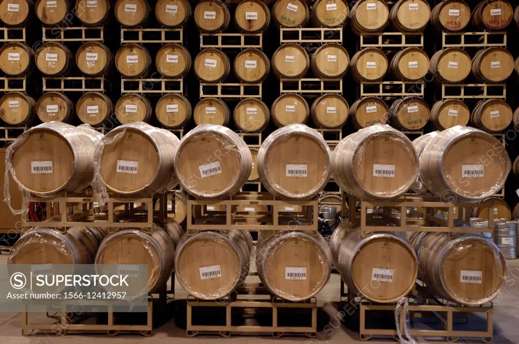 Wince cellar warehouse with rows of American White Oak Barrels.