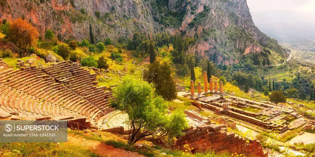 4th century BC theatre of Delphi & Temple of Apollo , archaeological site, Greece,