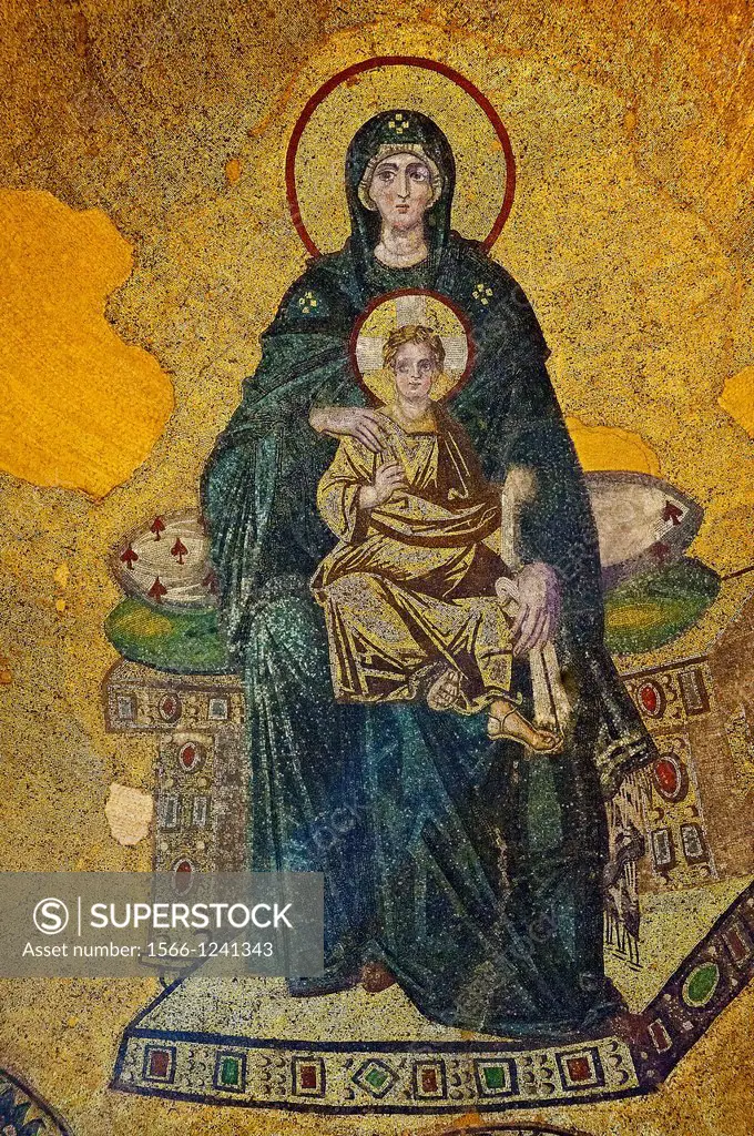 Byzantine mosaic of the Virgin and Child was the first of the post-iconoclastic mosaics inaugurated on 29 March 867 by Patriarch Photius and the emper...