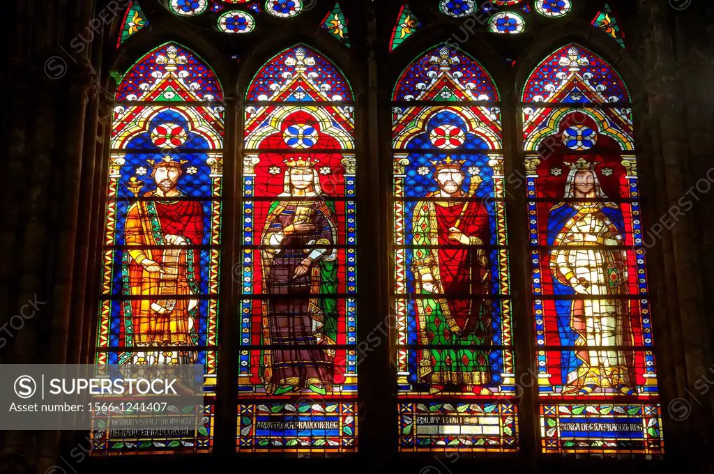 Medieval Gothic stained glass window showing the Kings of France  The Gothic Cathedral Basilica of Saint Denis  Basilique Saint-Denis  Paris, France  ...