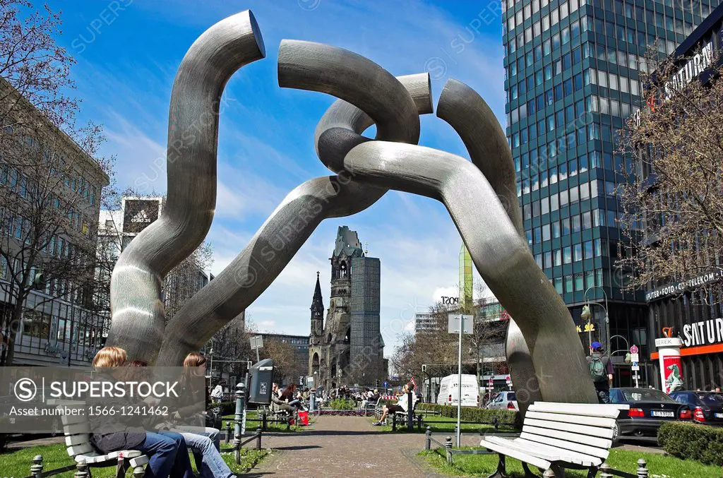 Modern art sculpture ´Berlin´ by Matschinsky-Denninghoff and Kaiser Wilhelm Memorial Church, Kurfurstendamm, Berlin, Germany