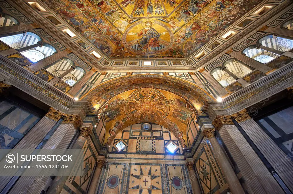 The interior of the Bapistry of Florence Duomo  Battistero di San Giovanni  with the altar and medieval ceiling mosaics of Christ and the last judgeme...