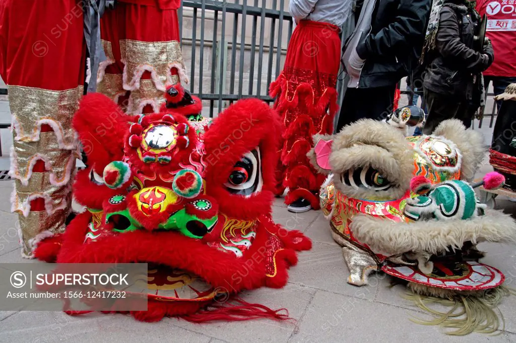 Chinese masks, celebration of Chinese New Year, Year of the Goat, Barcelona, Catalonia, Spain