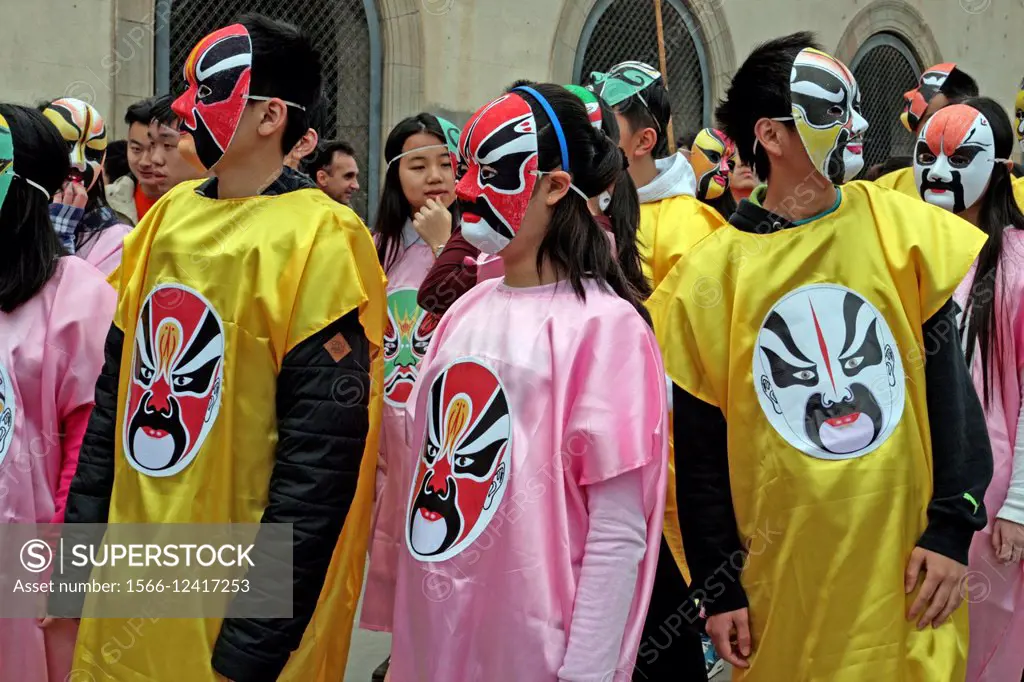 Masks, parade, celebration of Chinese New Year, Year of the Goat, Barcelona, Catalonia, Spain