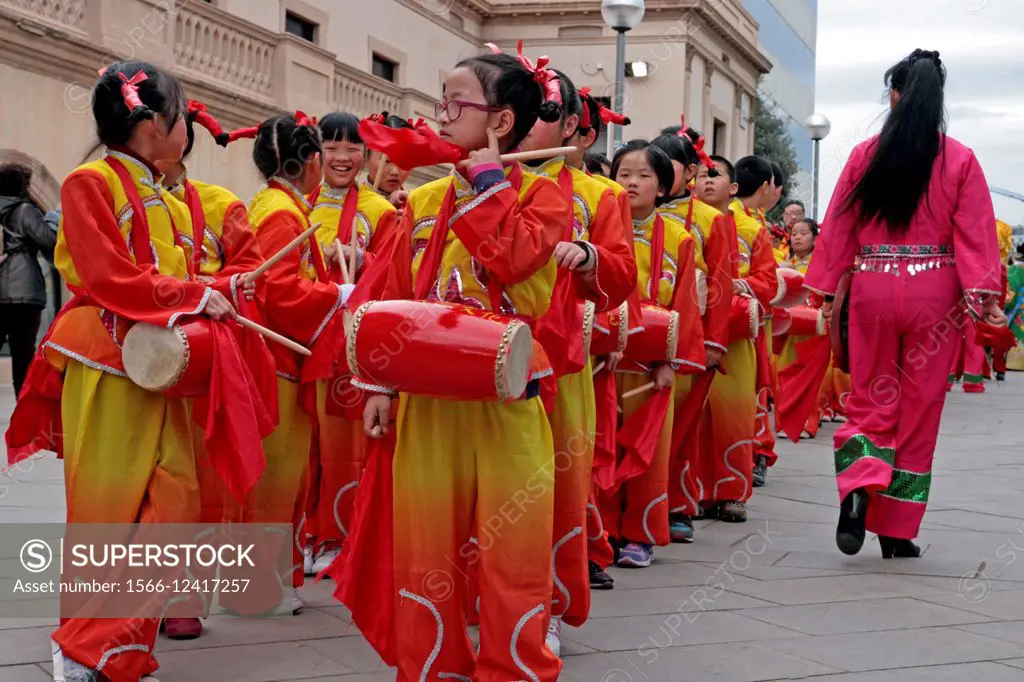 Parade, celebration of Chinese New Year, Year of the Goat, Barcelona, Catalonia, Spain