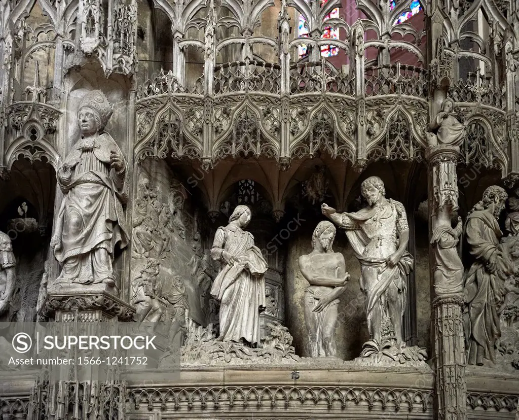 16th century flamboyant gothic Choir screen and ambulatory of the Cathedral of Chartres, France  A UNESCO World Heritage Site  Depicting Christ being ...